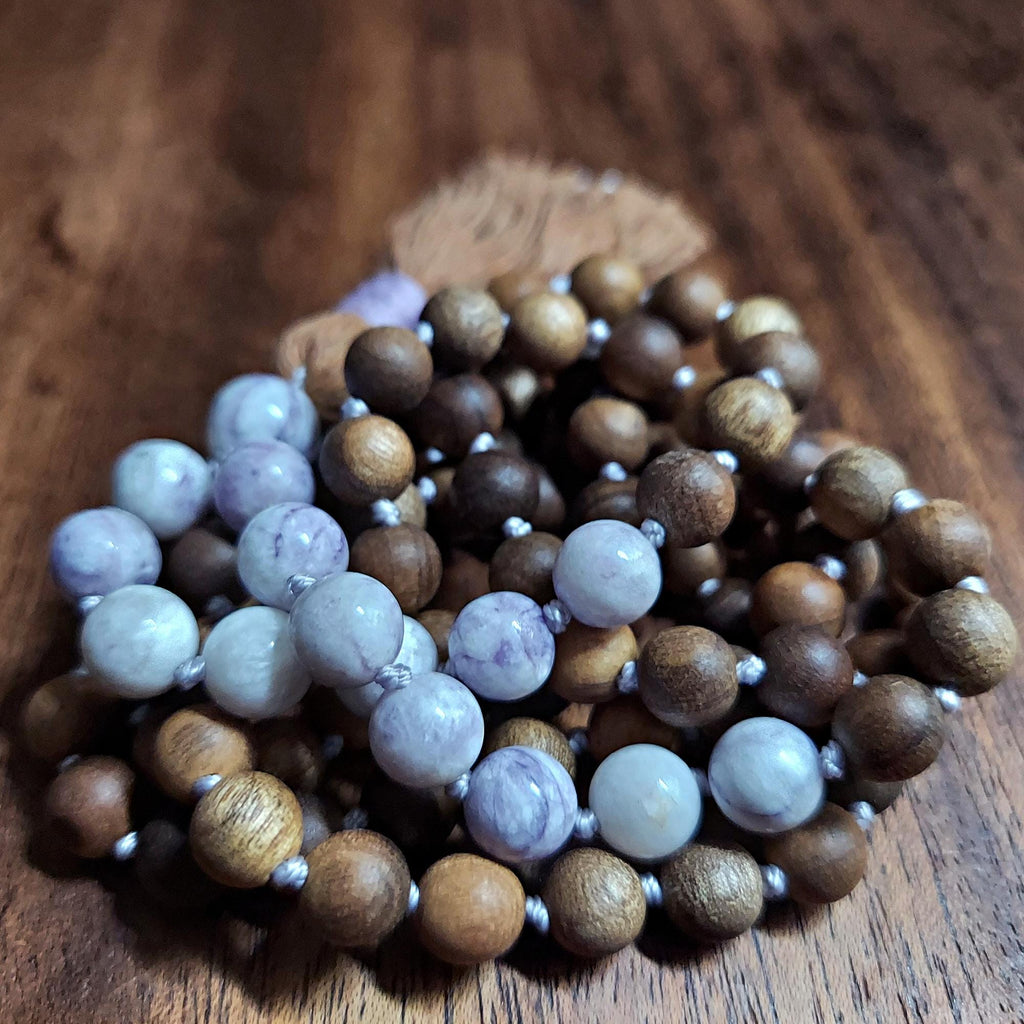 Crown Chakra Mala Beads | Rare Tiffany Stone & Sandalwood Beaded Necklace | Meditation Gift | Violet and White Prayer Beads | Yoga Gift