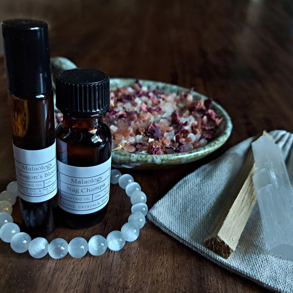 Deluxe Crystal Cleansing Kit with Selenite Bracelet, Nag Champa Anointing Oil, Palo Santo, Salt Blend, and Dragons Blood