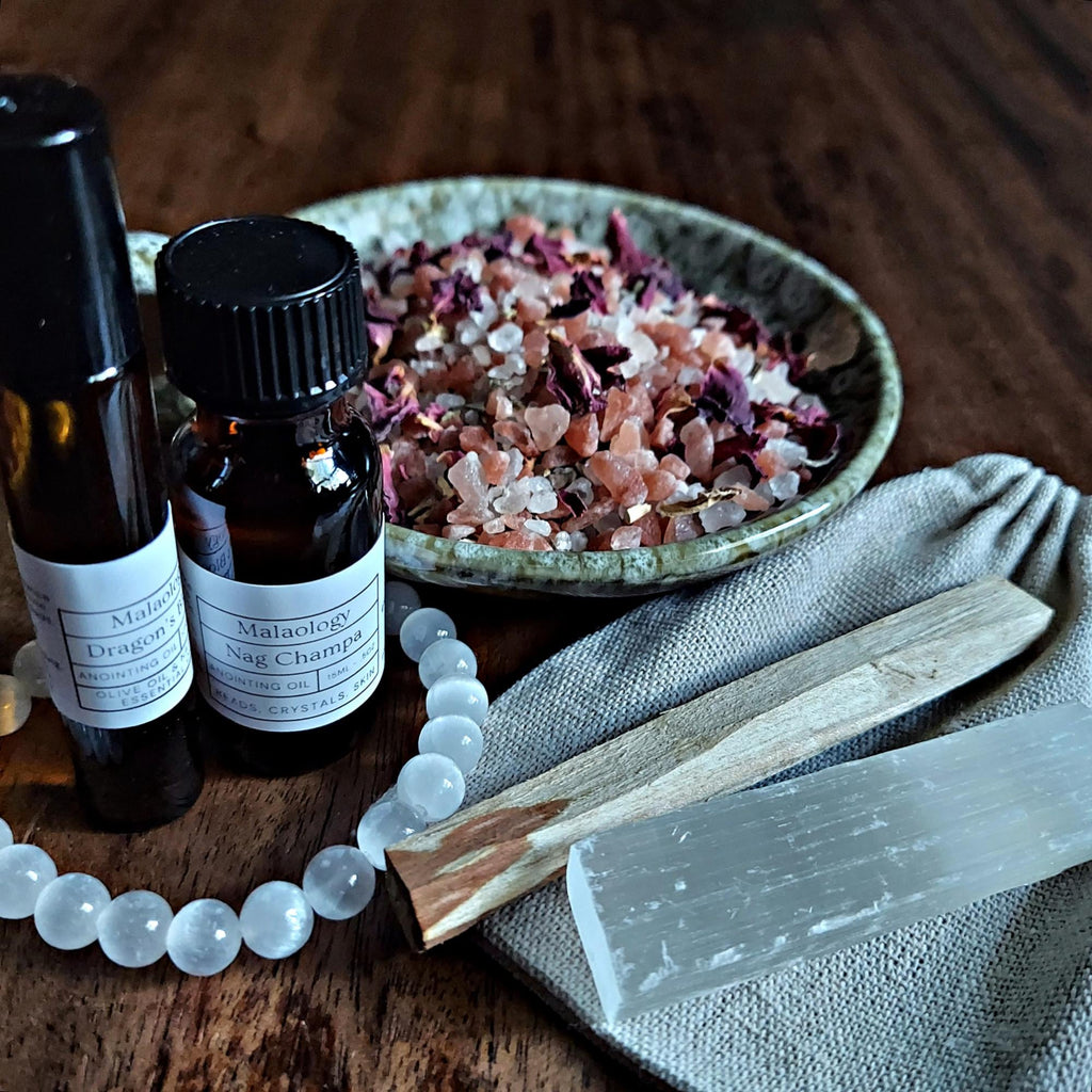 Deluxe Crystal Cleansing Kit with Selenite Bracelet, Nag Champa Anointing Oil, Palo Santo, Salt Blend, and Dragons Blood