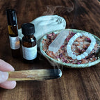 Deluxe Crystal Cleansing Kit with Selenite Bracelet, Nag Champa Anointing Oil, Palo Santo, Salt Blend, and Dragons Blood
