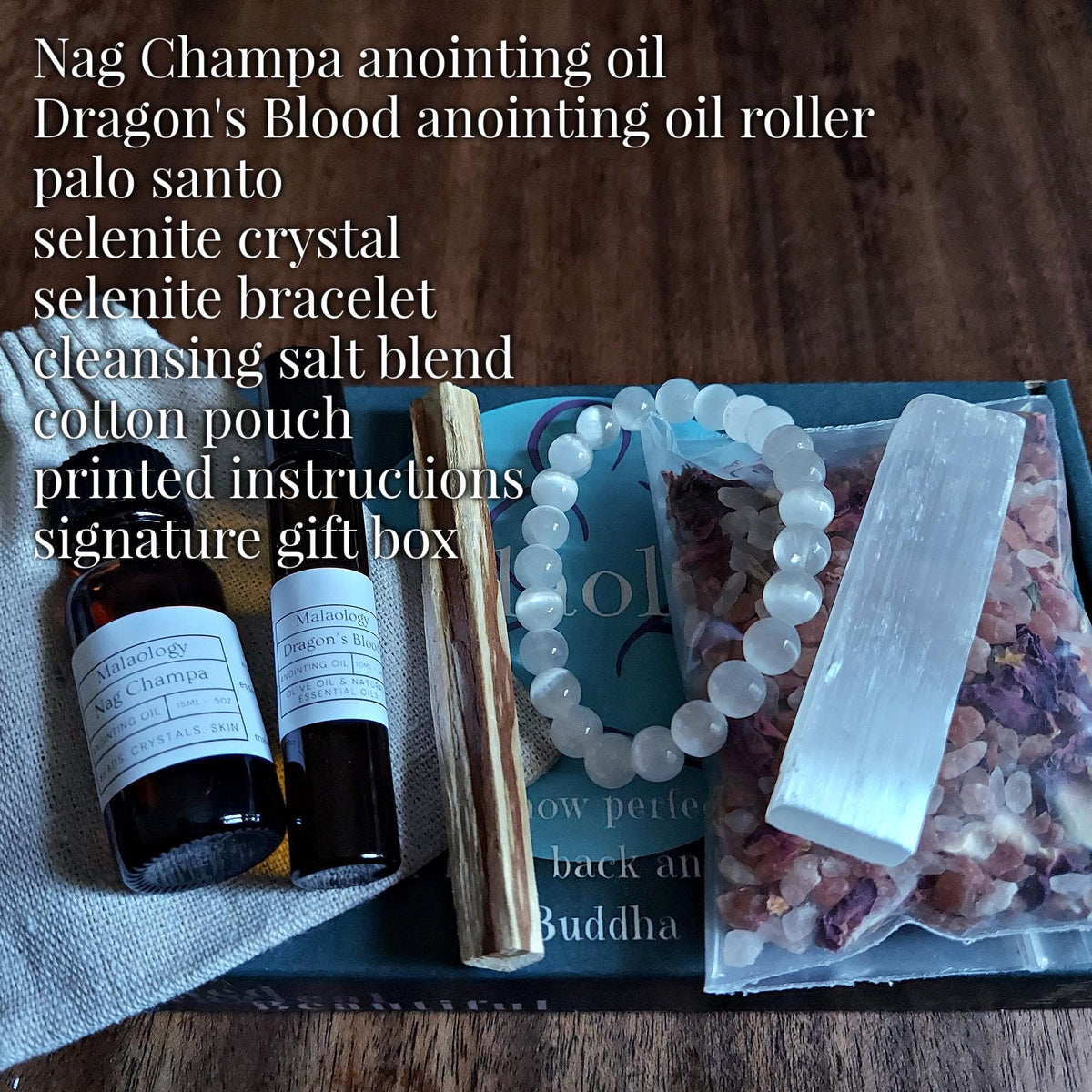 Deluxe Crystal Cleansing Kit with Selenite Bracelet, Nag Champa Anointing Oil, Palo Santo, Salt Blend, and Dragons Blood