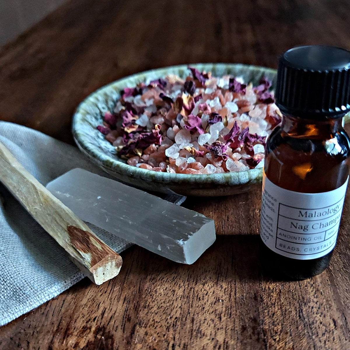 Crystal Cleansing Kit with Nag Champa Anointing Oil, Selenite, Palo Santo, and Salt Blend