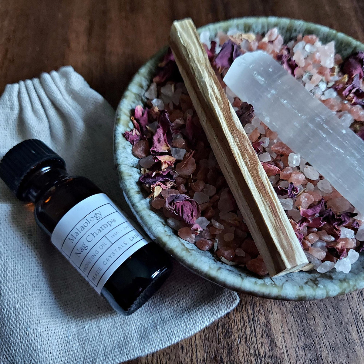 Crystal Cleansing Kit with Nag Champa Anointing Oil, Selenite, Palo Santo, and Salt Blend
