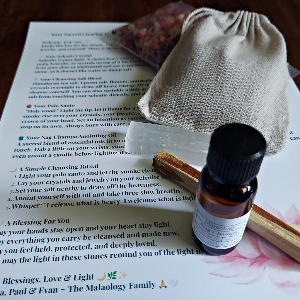 Crystal Cleansing Kit with Nag Champa Anointing Oil, Selenite, Palo Santo, and Salt Blend