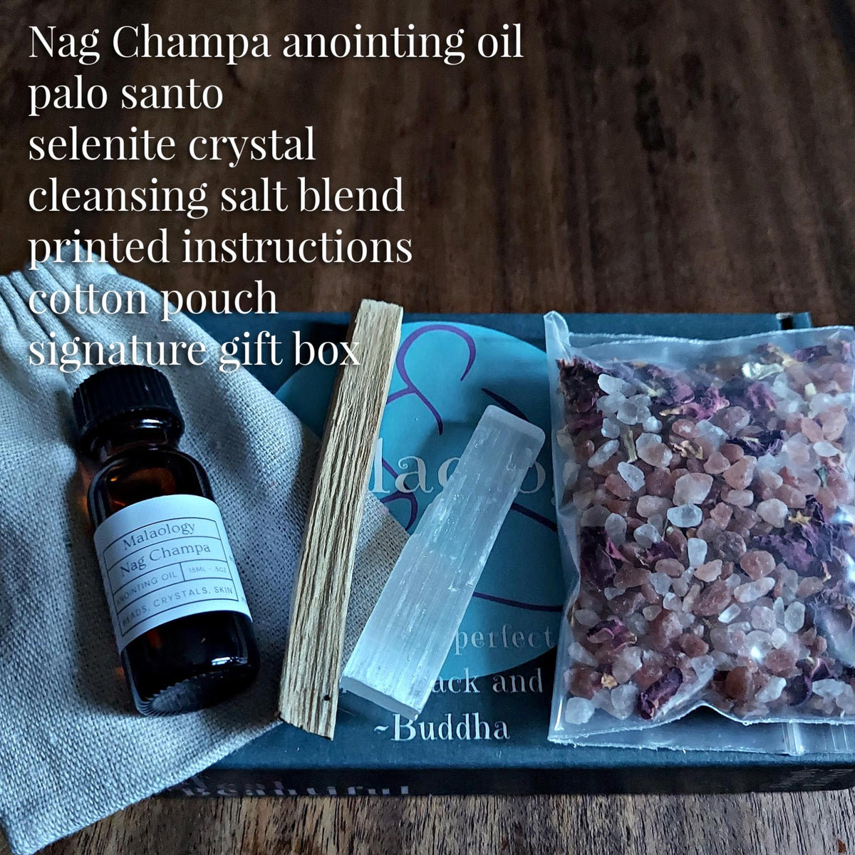 Crystal Cleansing Kit with Nag Champa Anointing Oil, Selenite, Palo Santo, and Salt Blend