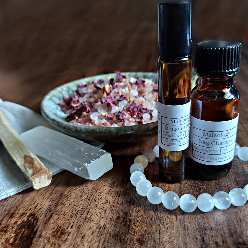 Deluxe Crystal Cleansing Kit with Selenite Bracelet, Nag Champa Anointing Oil, Palo Santo, Salt Blend, and Dragons Blood