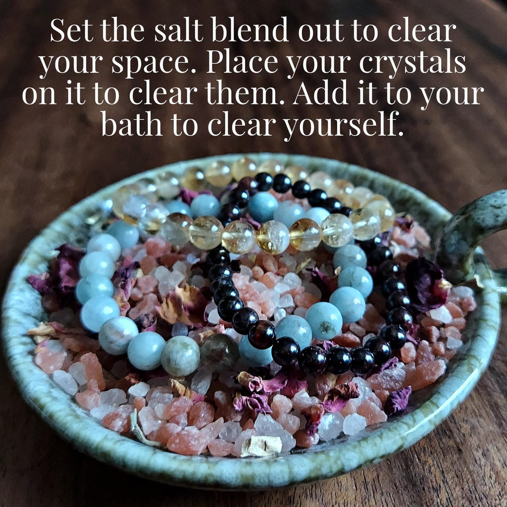 Deluxe Crystal Cleansing Kit with Selenite Bracelet, Nag Champa Anointing Oil, Palo Santo, Salt Blend, and Dragons Blood