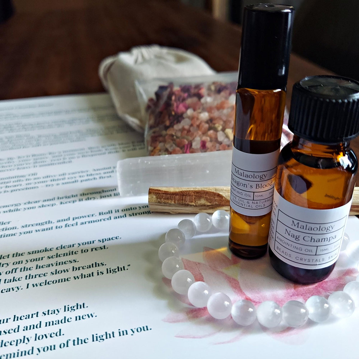 Deluxe Crystal Cleansing Kit with Selenite Bracelet, Nag Champa Anointing Oil, Palo Santo, Salt Blend, and Dragons Blood