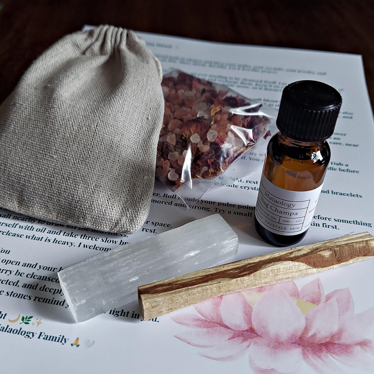 Crystal Cleansing Kit with Nag Champa Anointing Oil, Selenite, Palo Santo, and Salt Blend