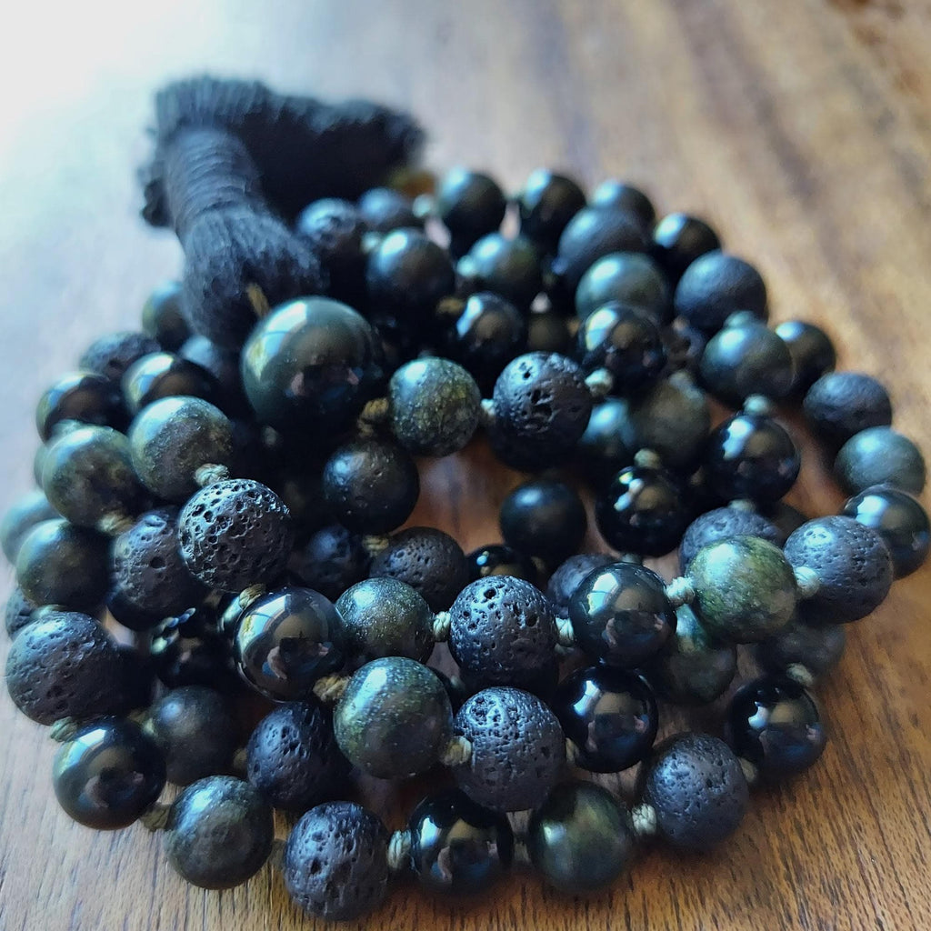 Serpent Stone Mala with Serpentine, Black Obsidian, and Lava Stone