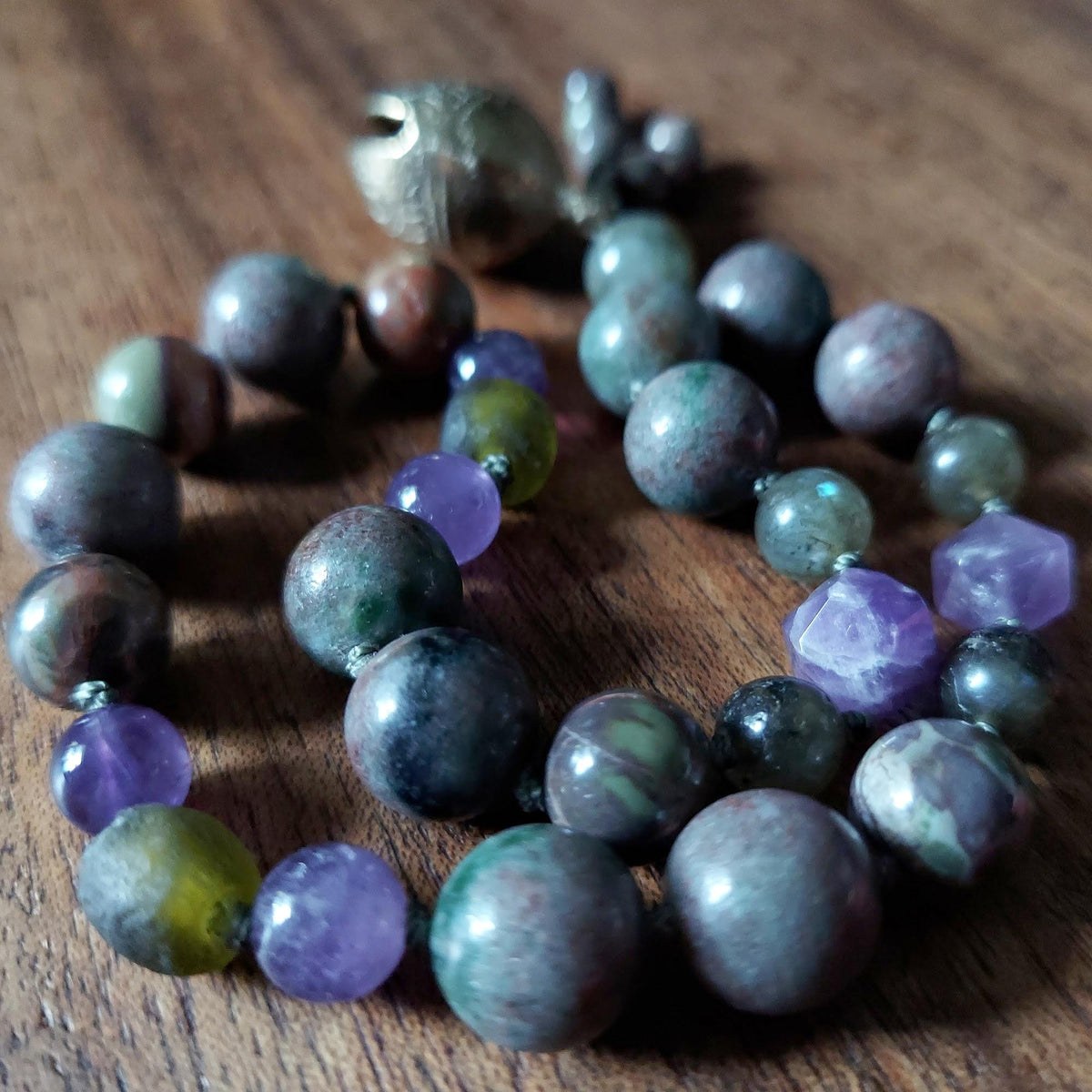 The Thistle Dragon Pocket Mala with Garnet, Antique Glass, and Brass Bell