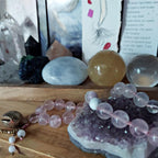 The Moonflower Pocket Mala with Rose Quartz, Selenite, Kunzite, and Brass Bell