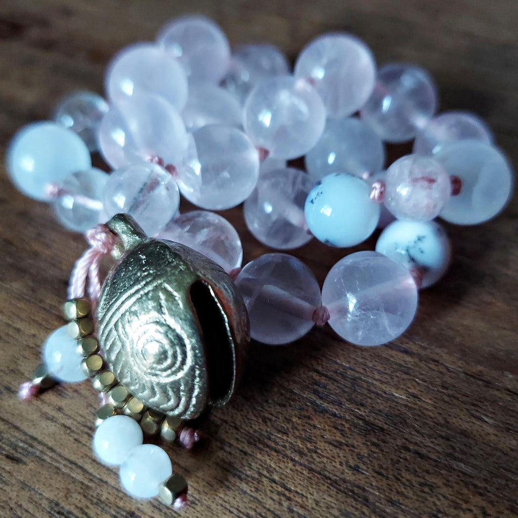 The Moonflower Pocket Mala with Rose Quartz, Selenite, Kunzite, and Brass Bell