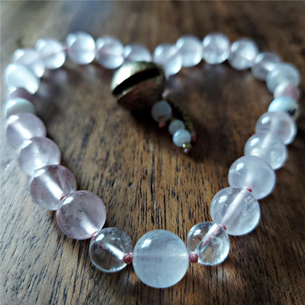 The Moonflower Pocket Mala with Rose Quartz, Selenite, Kunzite, and Brass Bell