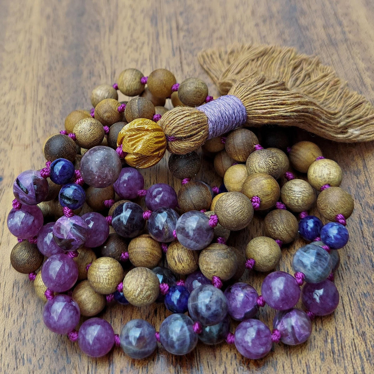 Violet Flame Mala Beads with Amethyst, Lepidolite, Sandalwood, and Maple Wood Lotus Guru Bead