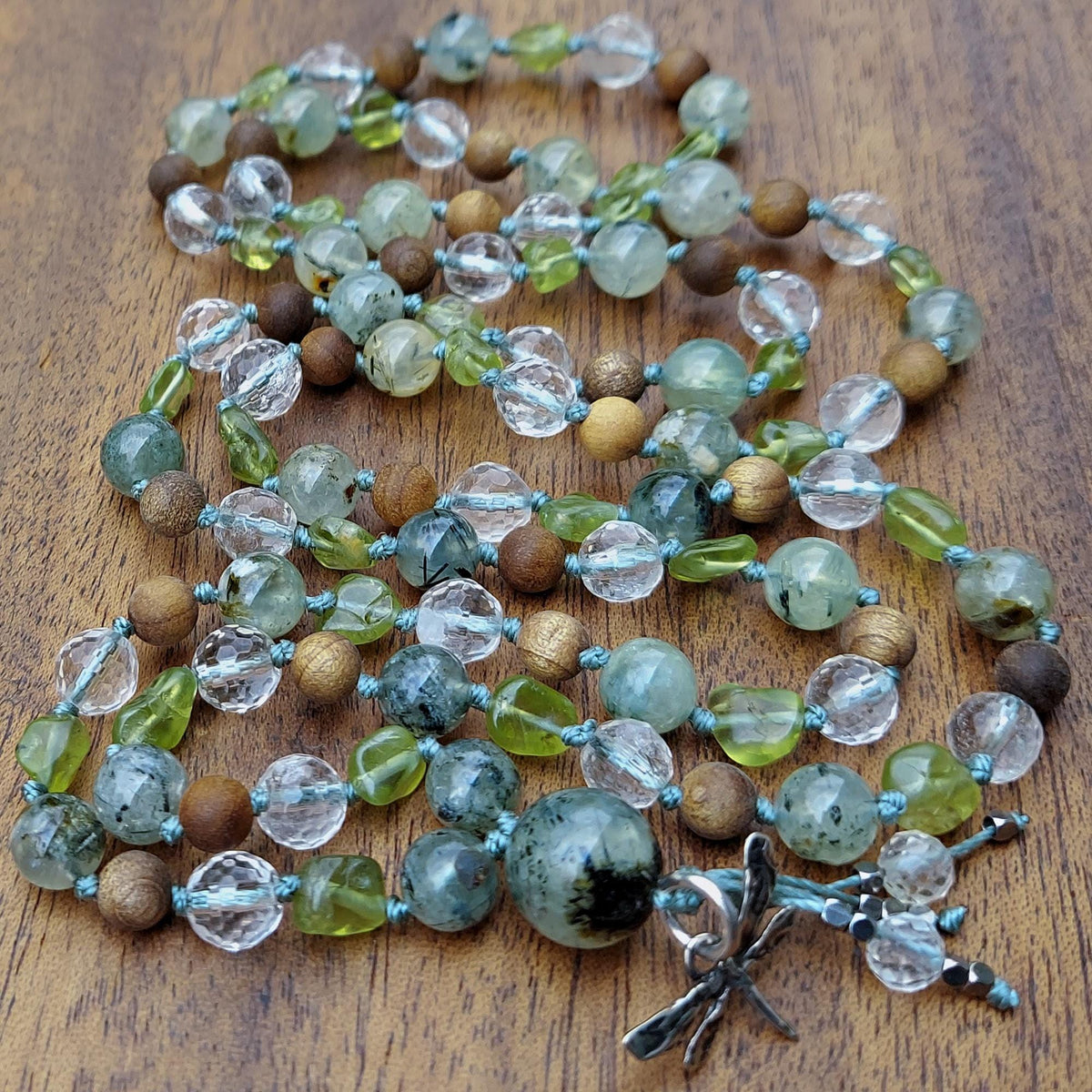Sage and Sand Dragonfly Mala with Sandalwood, Sterling Silver Dragonfly Charm, and White Topaz