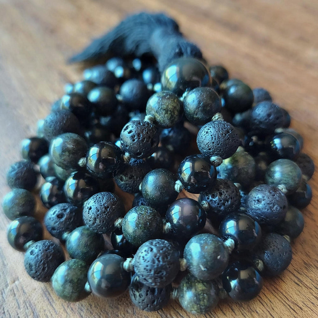 Serpent Stone Mala with Serpentine, Black Obsidian, and Lava Stone