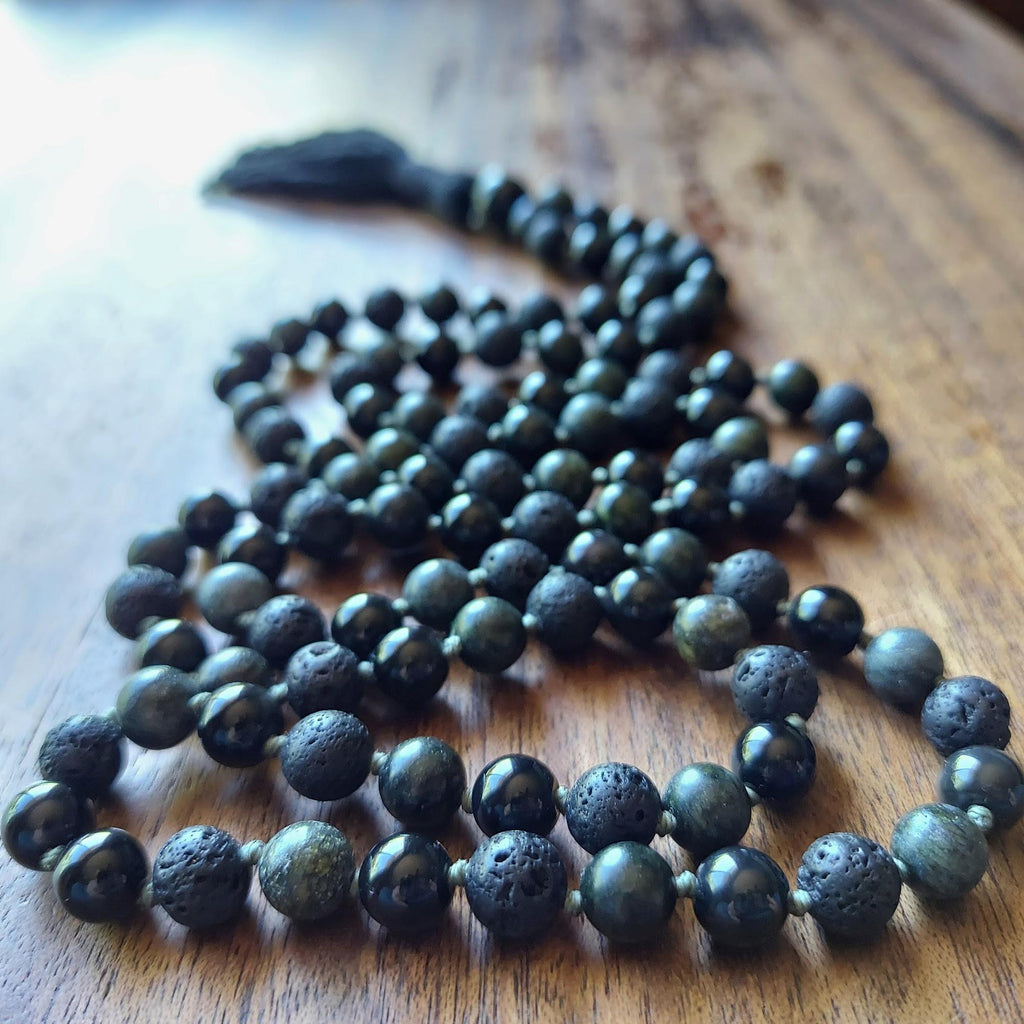 Serpent Stone Mala with Serpentine, Black Obsidian, and Lava Stone
