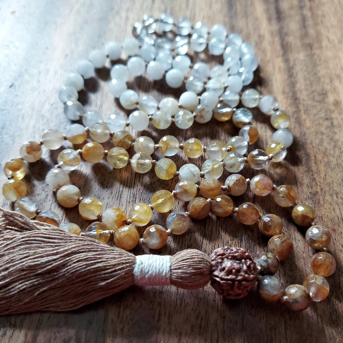 The Golden Hour Mala with Golden Healer Quartz, Clear Quartz, and Rudraksha