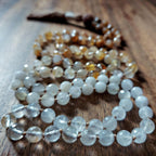 The Golden Hour Mala with Golden Healer Quartz, Clear Quartz, and Rudraksha
