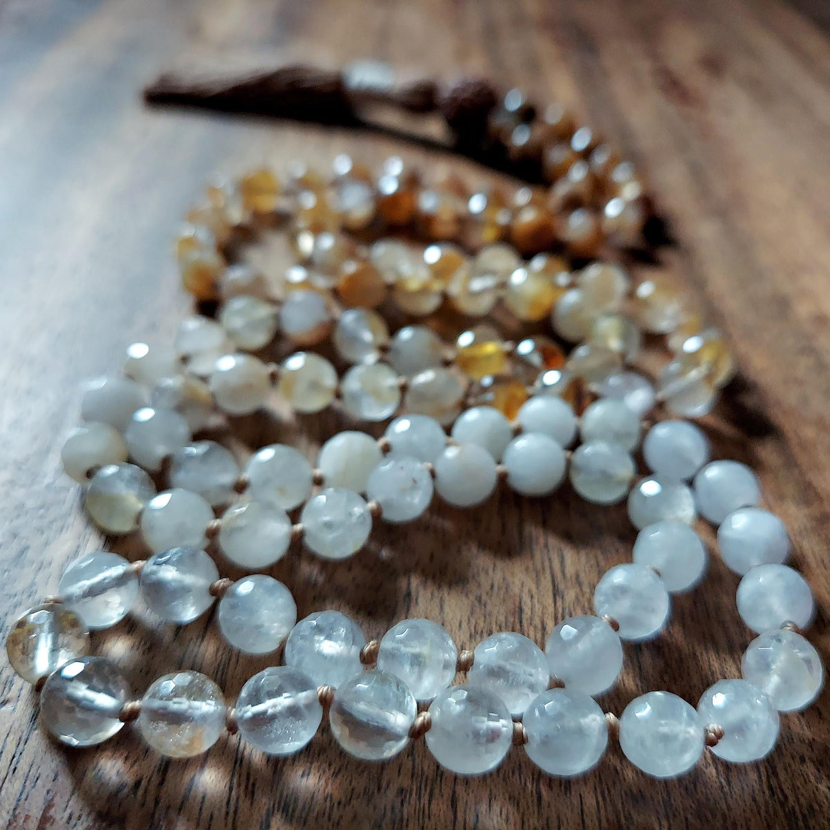The Golden Hour Mala with Golden Healer Quartz, Clear Quartz, and Rudraksha