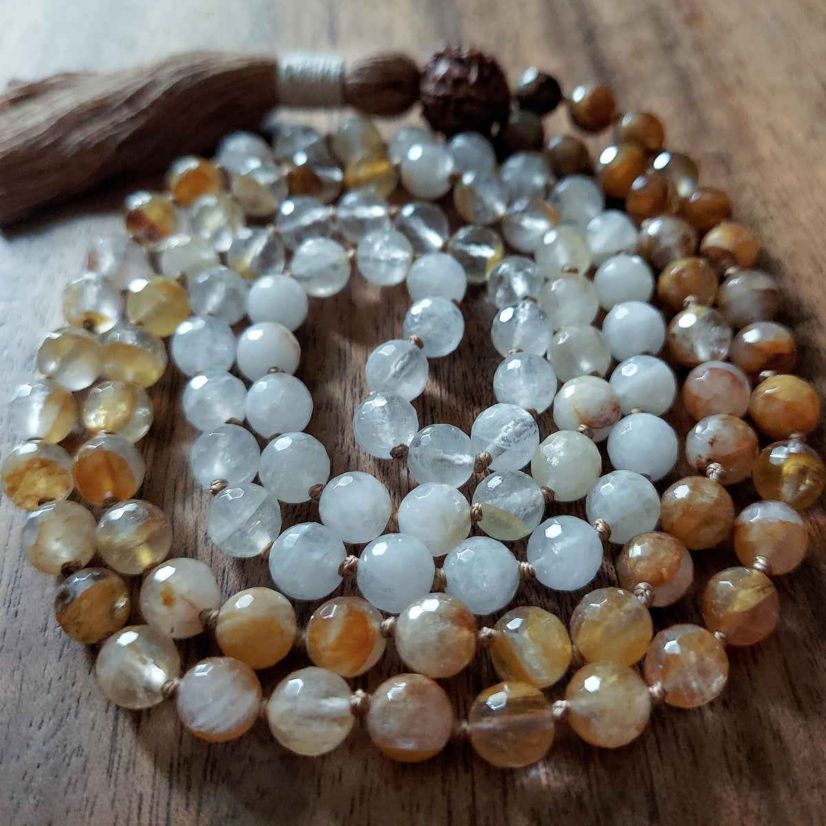 The Golden Hour Mala with Golden Healer Quartz, Clear Quartz, and Rudraksha