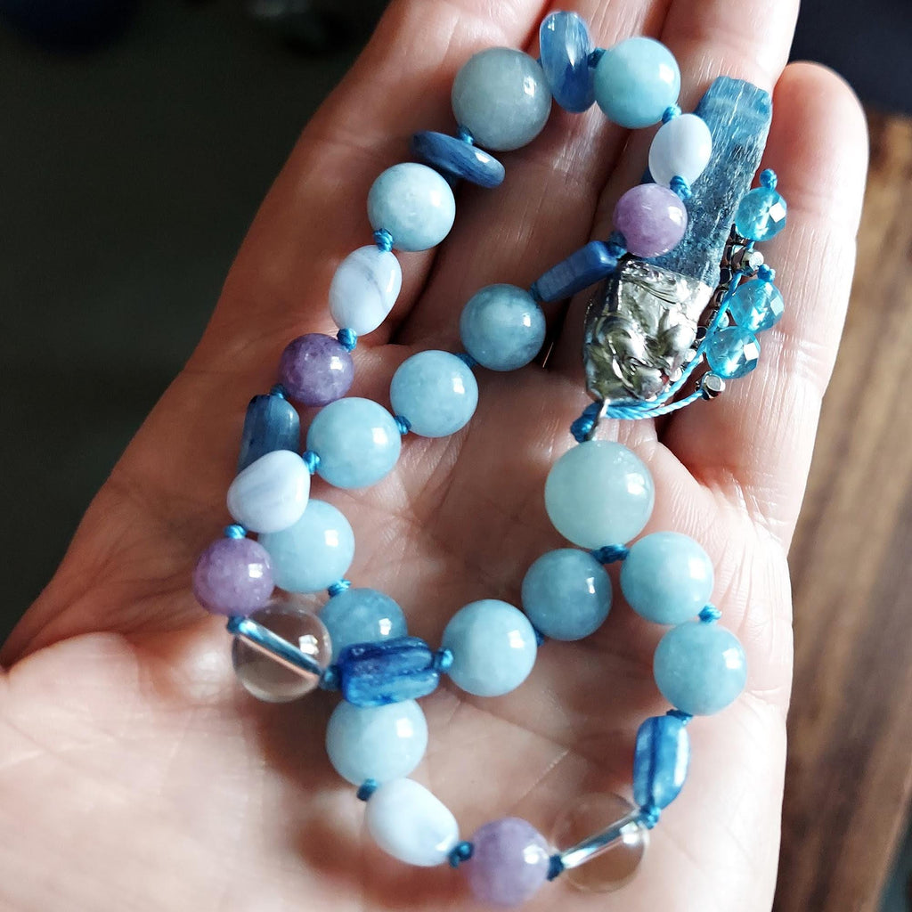 The Frost Dragon Pocket Mala with Blue Jade, Aquamarine, and Kyanite Pendant