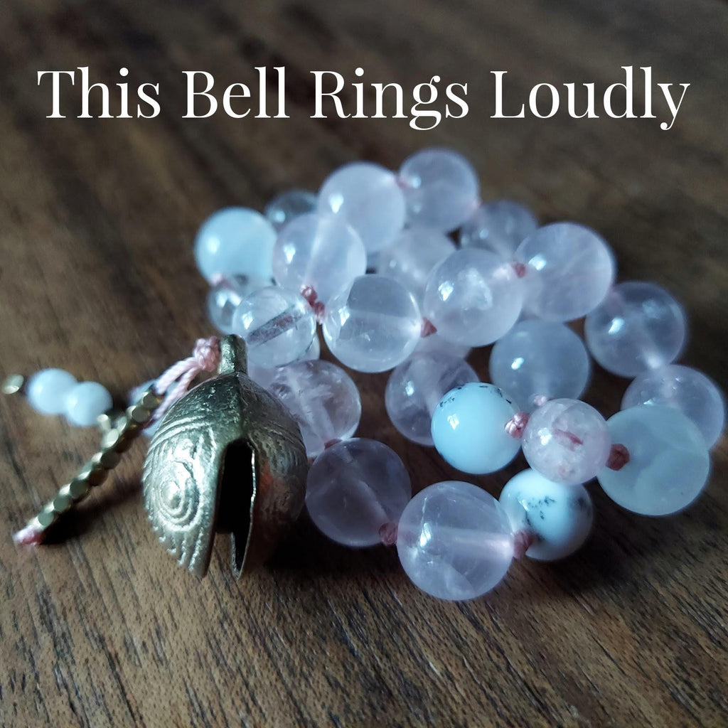 The Moonflower Pocket Mala with Rose Quartz, Selenite, Kunzite, and Brass Bell