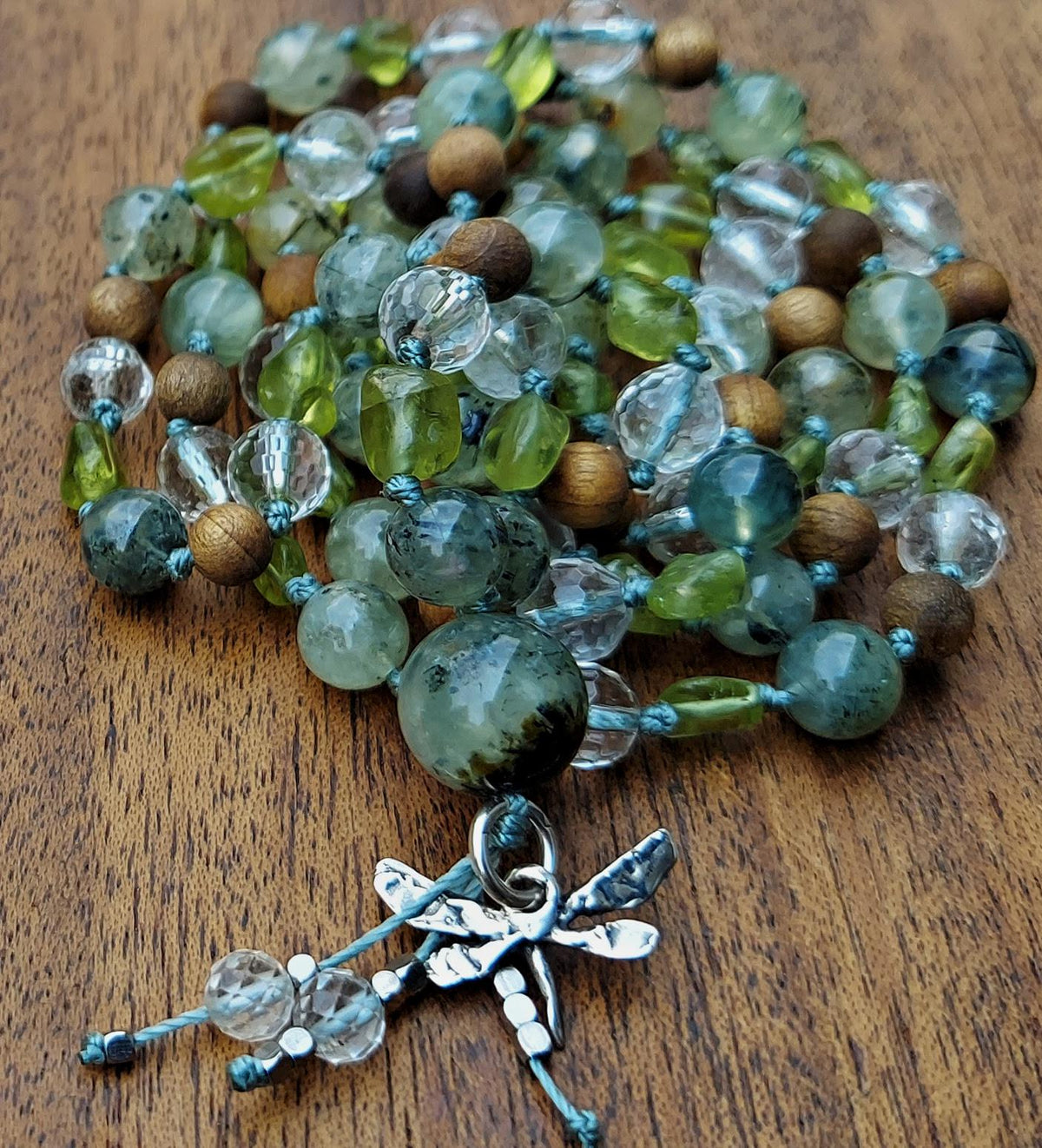 Sage and Sand Dragonfly Mala with Sandalwood, Sterling Silver Dragonfly Charm, and White Topaz