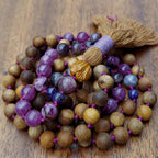 Violet Flame Mala Beads with Amethyst, Lepidolite, Sandalwood, and Maple Wood Lotus Guru Bead