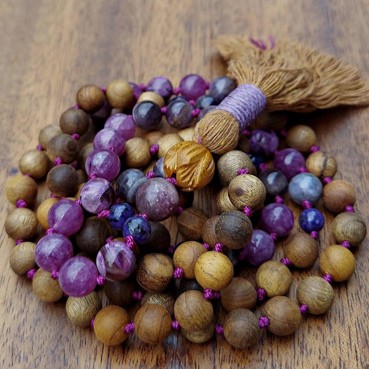 Violet Flame Mala Beads with Amethyst, Lepidolite, Sandalwood, and Maple Wood Lotus Guru Bead