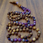 Violet Flame Mala Beads with Amethyst, Lepidolite, Sandalwood, and Maple Wood Lotus Guru Bead