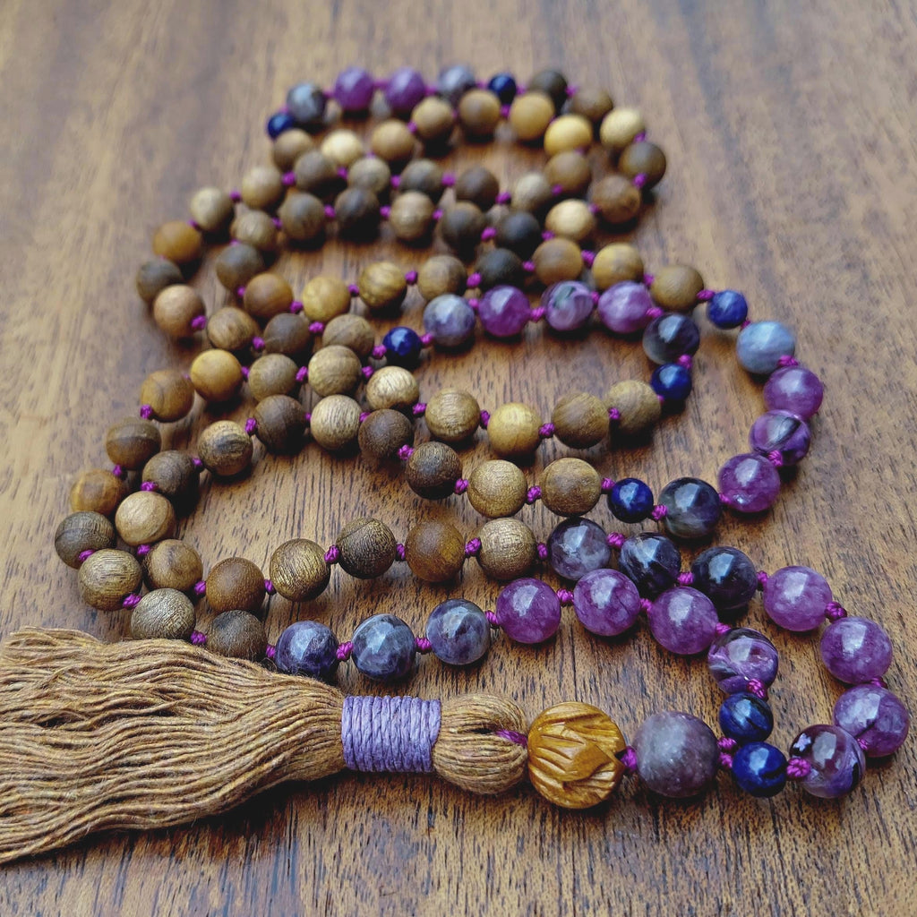 Violet Flame Mala Beads with Amethyst, Lepidolite, Sandalwood, and Maple Wood Lotus Guru Bead