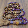 Violet Flame Mala Beads with Amethyst, Lepidolite, Sandalwood, and Maple Wood Lotus Guru Bead