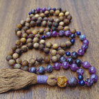 Violet Flame Mala Beads with Amethyst, Lepidolite, Sandalwood, and Maple Wood Lotus Guru Bead