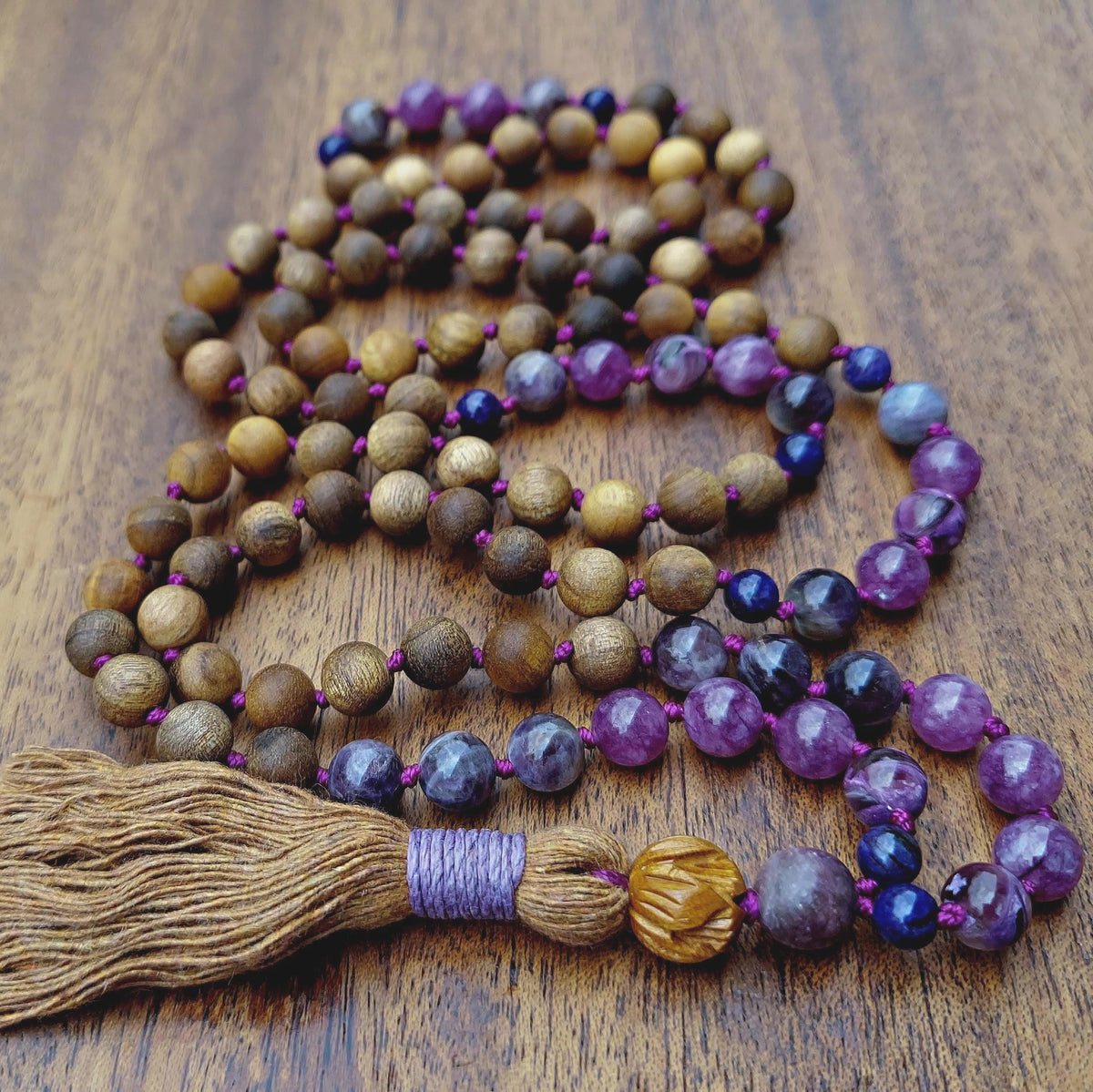 Violet Flame Mala Beads with Amethyst, Lepidolite, Sandalwood, and Maple Wood Lotus Guru Bead