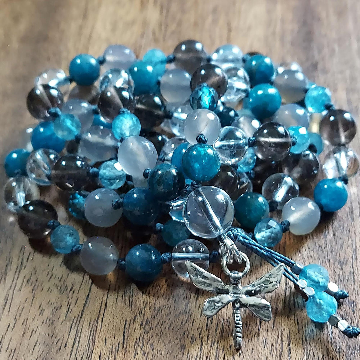 Blue Water Dragonfly Mala with Blue Topaz, Smoky Quartz, and Sterling Silver Dragonfly Charm
