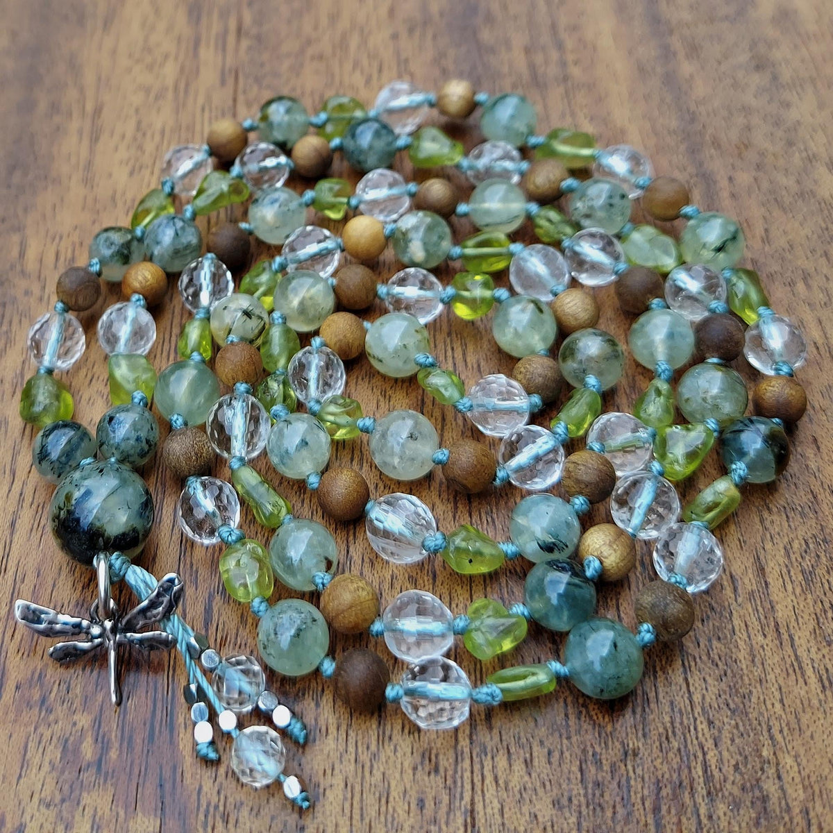 Sage and Sand Dragonfly Mala with Sandalwood, Sterling Silver Dragonfly Charm, and White Topaz