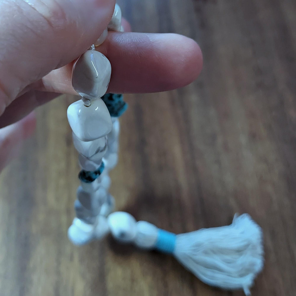 Sacred Stillness Pocket Mala with White Howlite, Turquoise, and White Dzi Agate