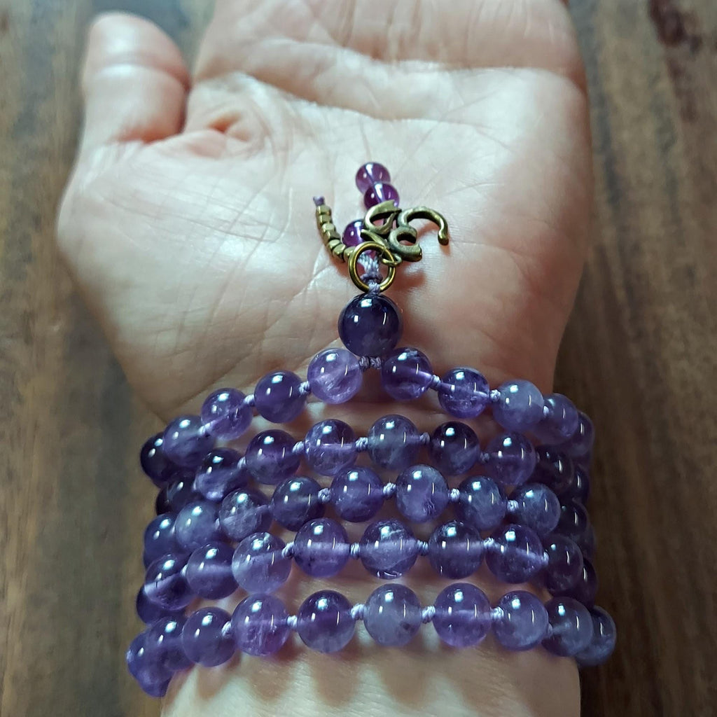 Sacred OM Mala with Dream Amethyst and Brass OM charm