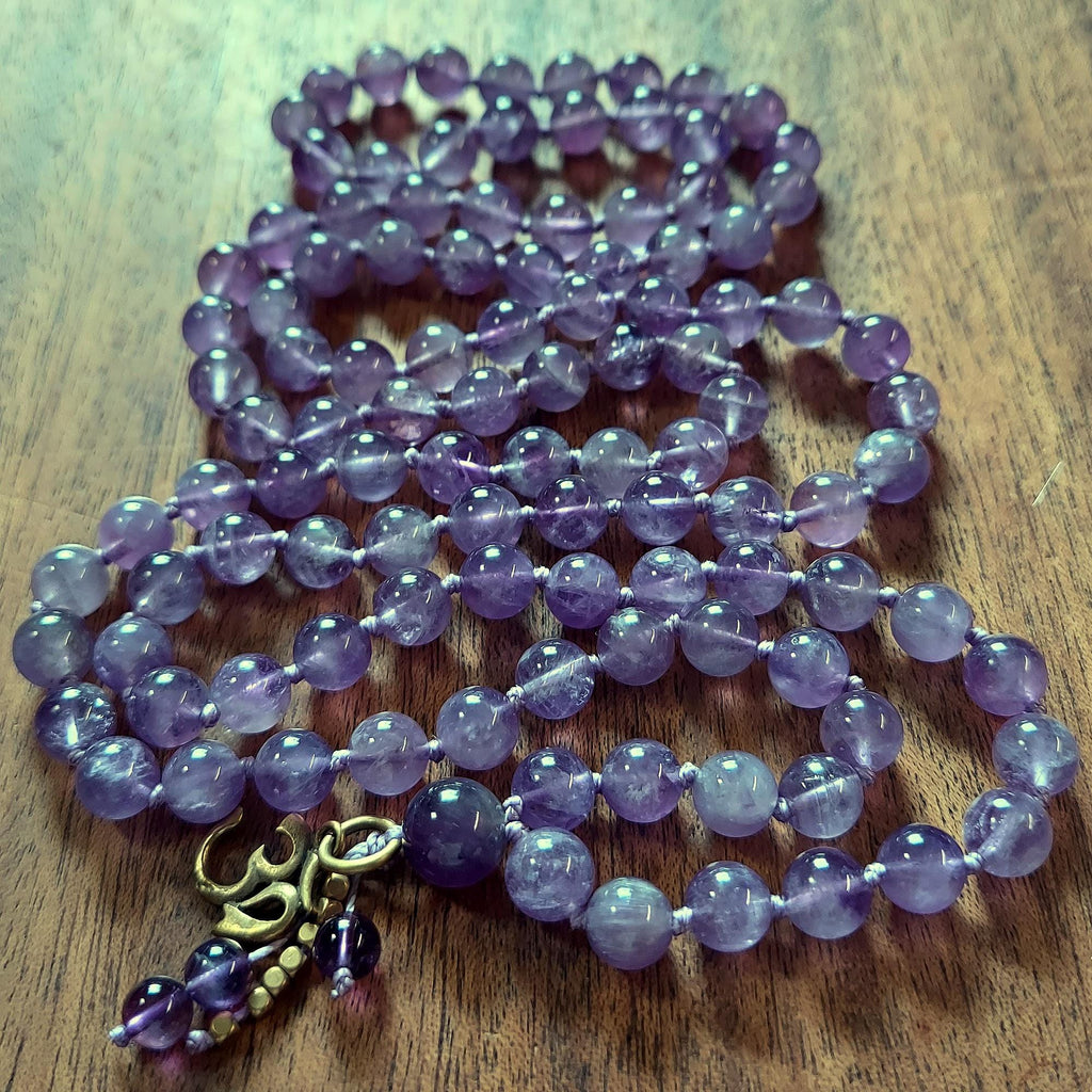 Sacred OM Mala with Dream Amethyst and Brass OM charm
