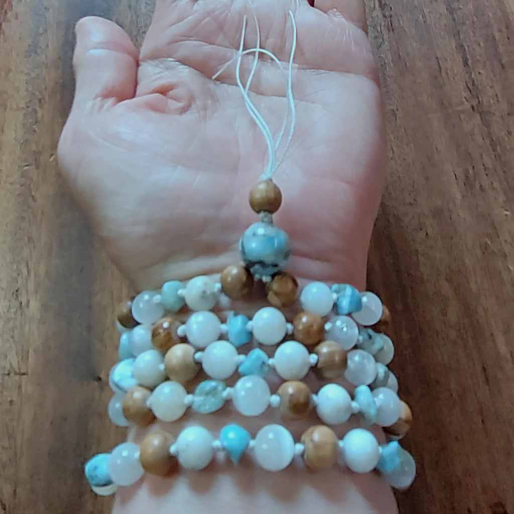 Holy Waters Mala with Olive Wood, Selenite, and Larimar