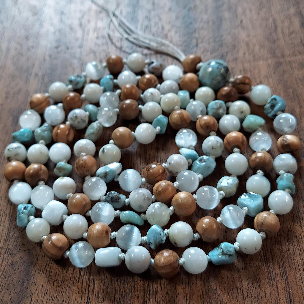 Holy Waters Mala with Olive Wood, Selenite, and Larimar