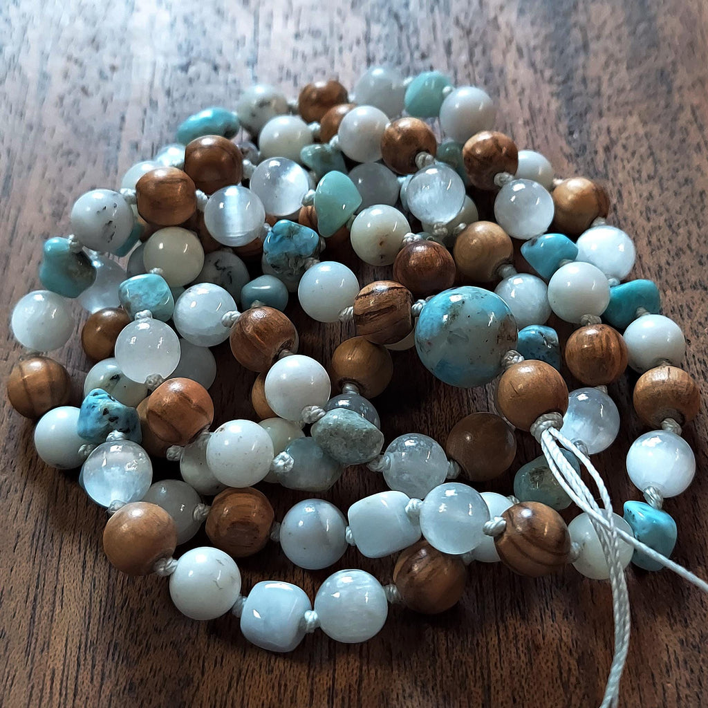 Holy Waters Mala with Olive Wood, Selenite, and Larimar