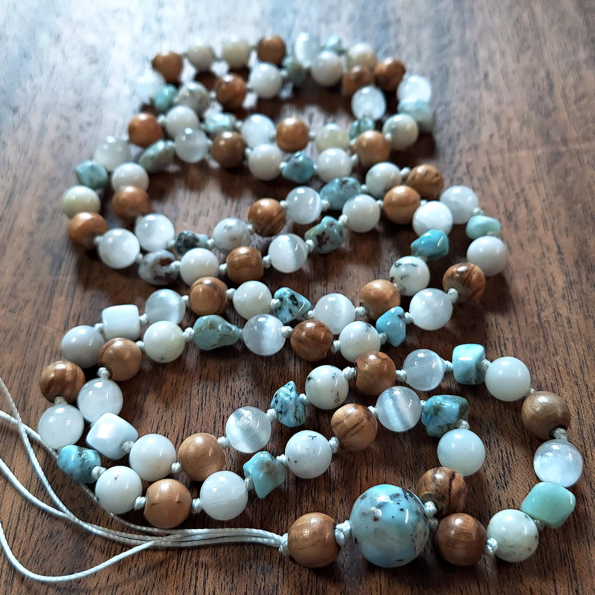 Holy Waters Mala with Olive Wood, Selenite, and Larimar