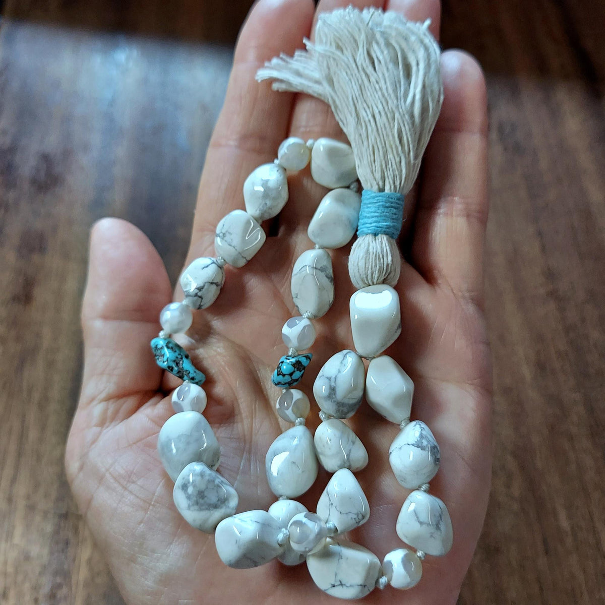 Sacred Stillness Pocket Mala with White Howlite, Turquoise, and White Dzi Agate