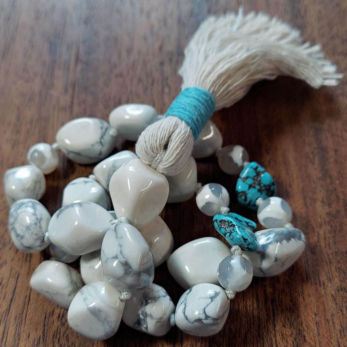Sacred Stillness Pocket Mala with White Howlite, Turquoise, and White Dzi Agate