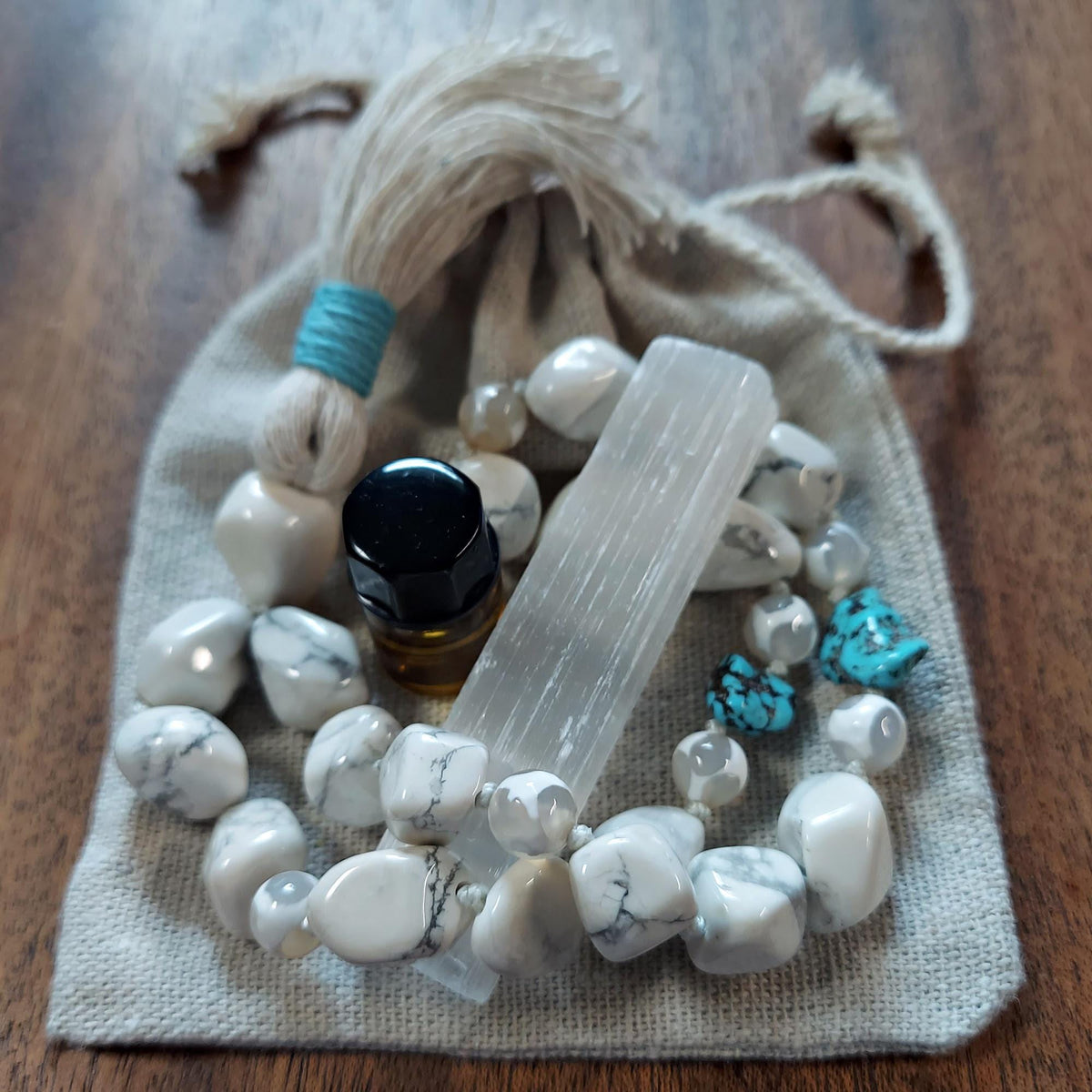Sacred Stillness Pocket Mala with White Howlite, Turquoise, and White Dzi Agate