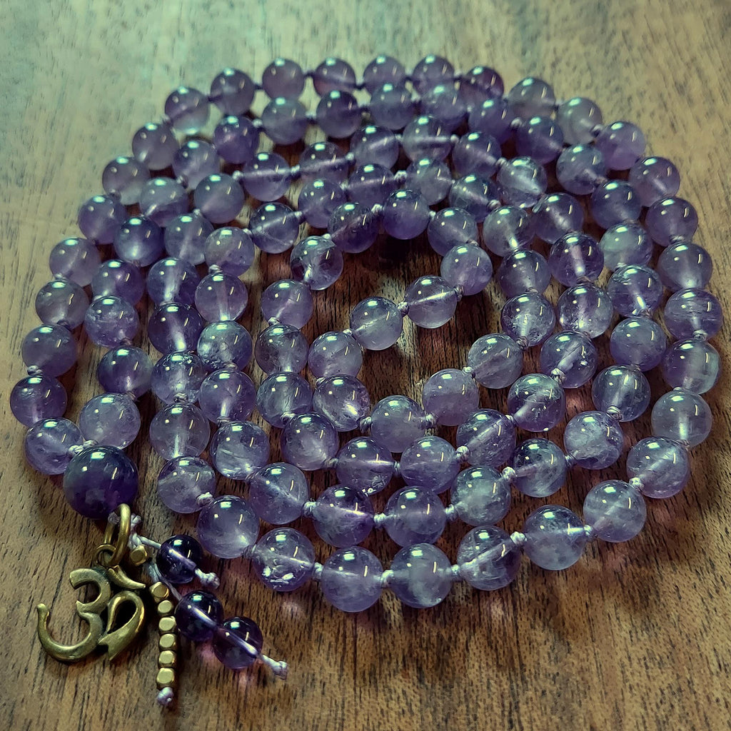 Sacred OM Mala with Dream Amethyst and Brass OM charm