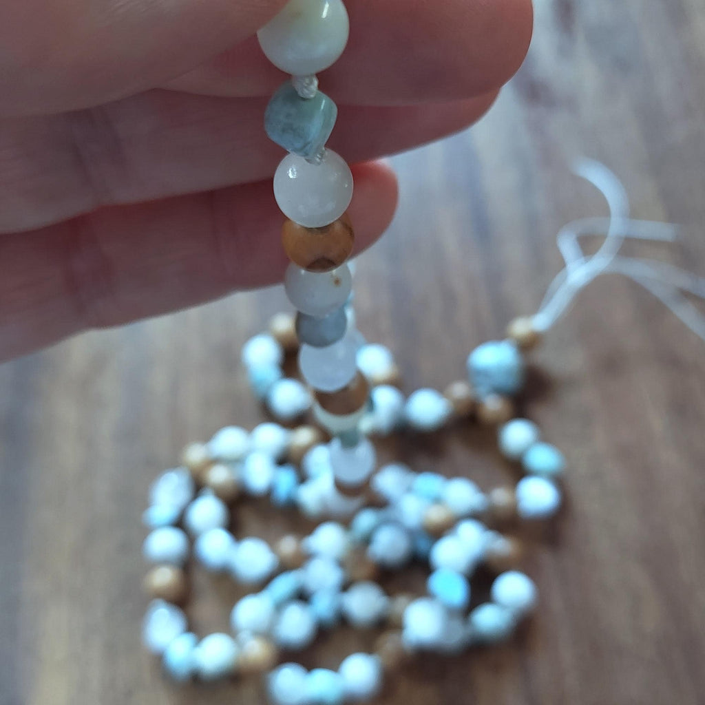 Holy Waters Mala with Olive Wood, Selenite, and Larimar